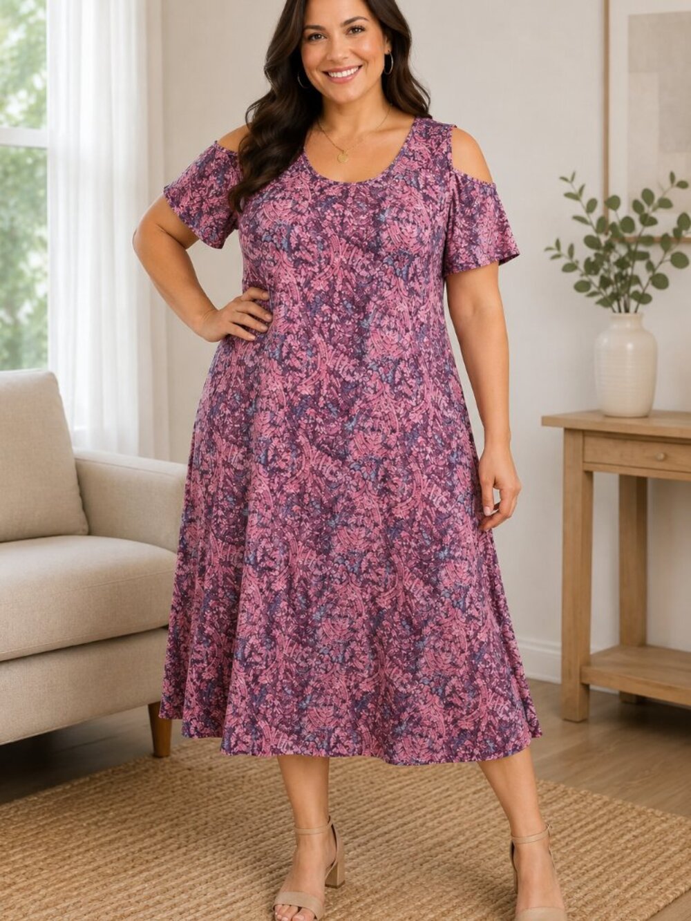 Catherines Pink Floral Cold Shoulder Midi Dress Women’s Size 2X